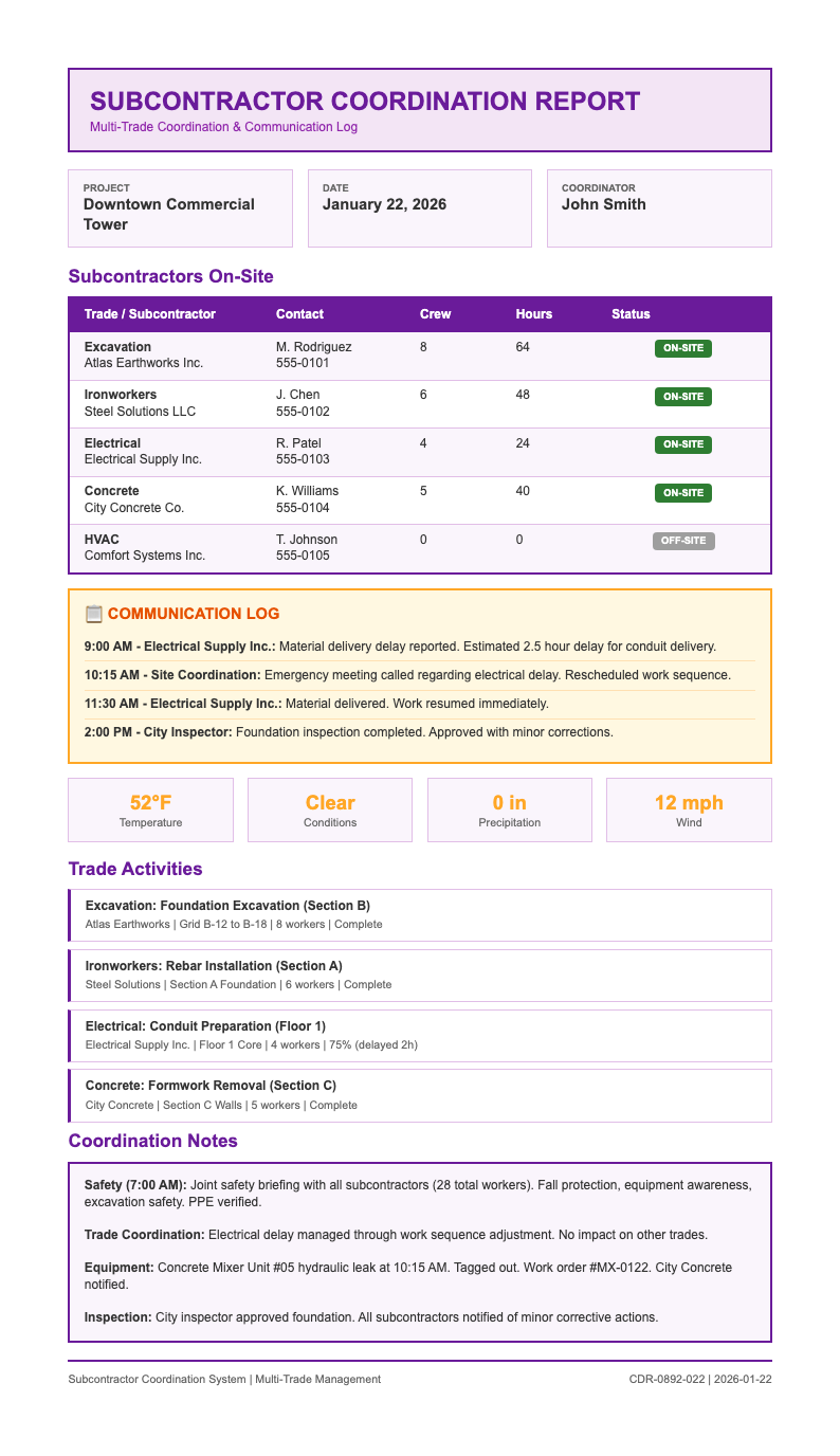 Subcontractor coordination construction report